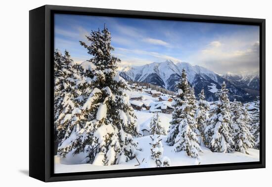 Snowy Woods and Mountain Huts Framed by the Winter Sunset, Bettmeralp, District of Raron-Roberto Moiola-Framed Premier Image Canvas