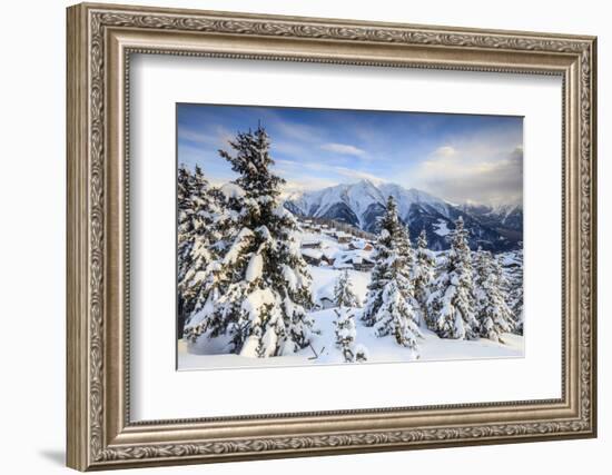 Snowy Woods and Mountain Huts Framed by the Winter Sunset, Bettmeralp, District of Raron-Roberto Moiola-Framed Photographic Print