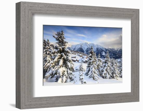 Snowy Woods and Mountain Huts Framed by the Winter Sunset, Bettmeralp, District of Raron-Roberto Moiola-Framed Photographic Print