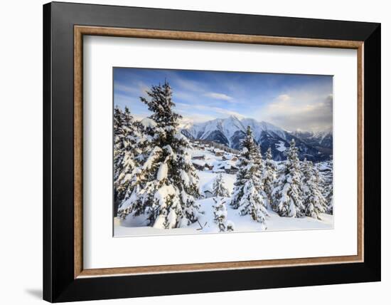 Snowy Woods and Mountain Huts Framed by the Winter Sunset, Bettmeralp, District of Raron-Roberto Moiola-Framed Photographic Print