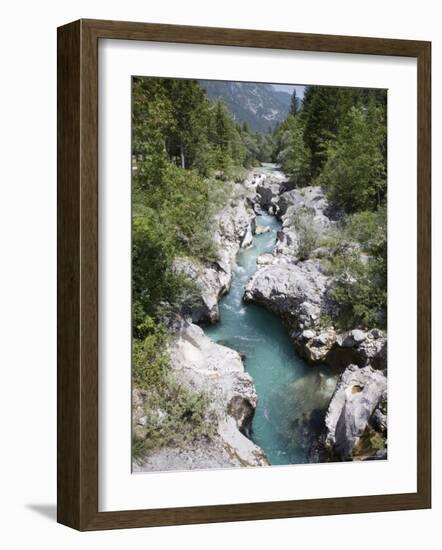 Soca River with Clear Emerald Water Flowing Between Eroded Rocks in Trenta Valley in Summer-Pearl Bucknall-Framed Photographic Print