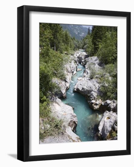 Soca River with Clear Emerald Water Flowing Between Eroded Rocks in Trenta Valley in Summer-Pearl Bucknall-Framed Photographic Print