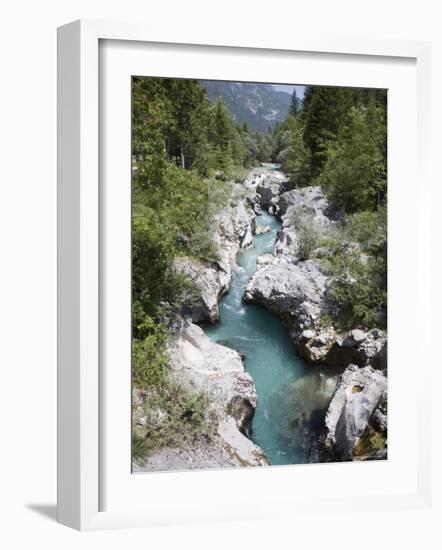 Soca River with Clear Emerald Water Flowing Between Eroded Rocks in Trenta Valley in Summer-Pearl Bucknall-Framed Photographic Print