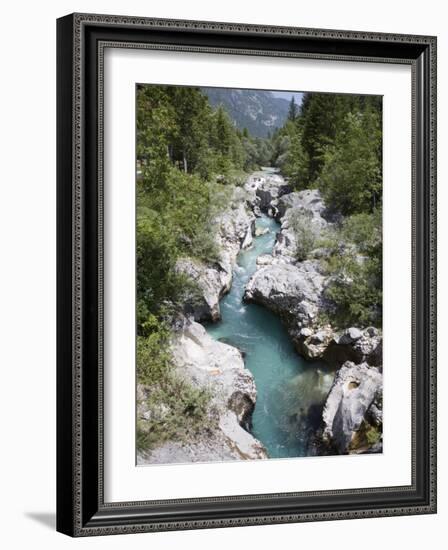 Soca River with Clear Emerald Water Flowing Between Eroded Rocks in Trenta Valley in Summer-Pearl Bucknall-Framed Photographic Print