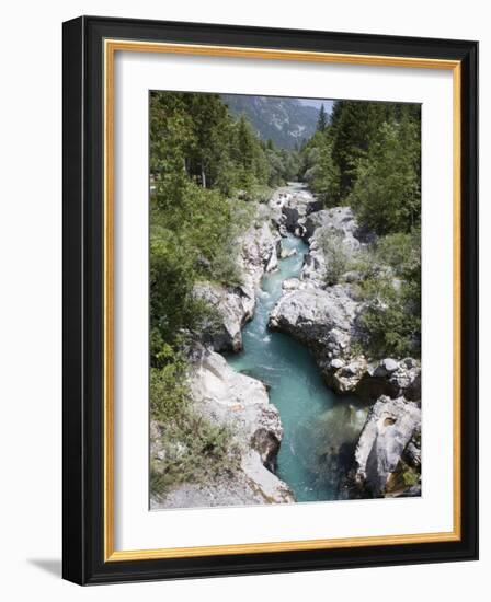 Soca River with Clear Emerald Water Flowing Between Eroded Rocks in Trenta Valley in Summer-Pearl Bucknall-Framed Photographic Print