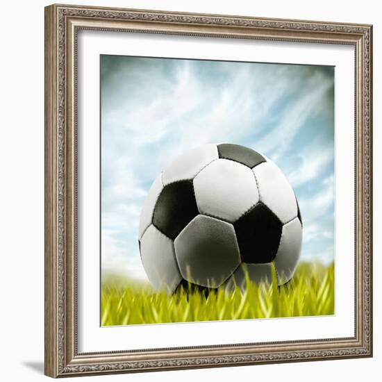 Soccer Ball Resting on Grass-null-Framed Photographic Print