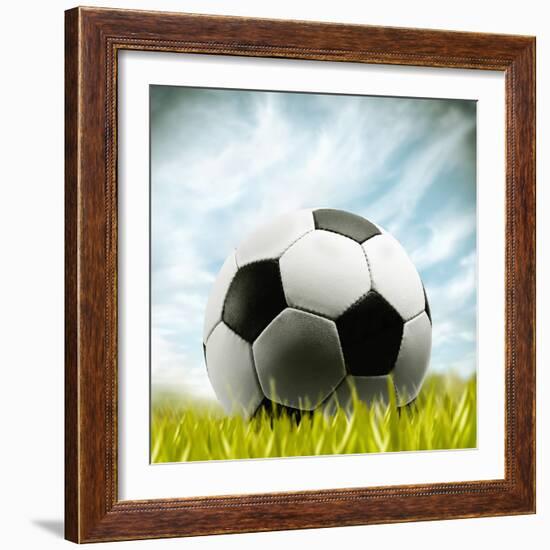 Soccer Ball Resting on Grass-null-Framed Photographic Print