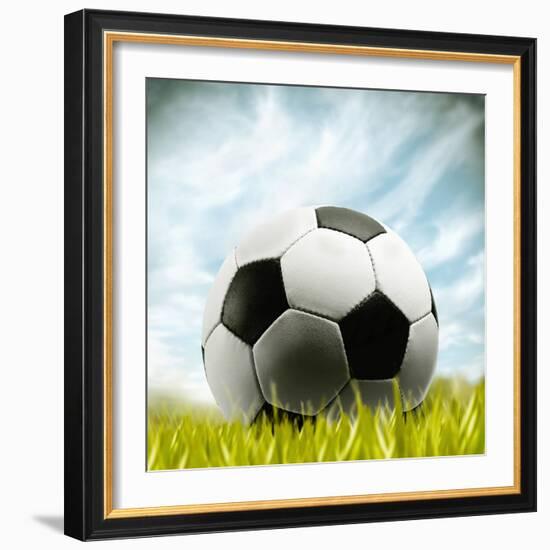 Soccer Ball Resting on Grass-null-Framed Photographic Print