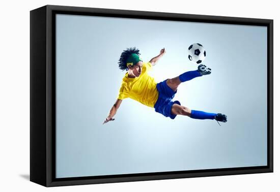 Soccer Football Kick Striker Scoring Goal with Accurate Shot for Brazil Team World Cup-warrengoldswain-Framed Premier Image Canvas