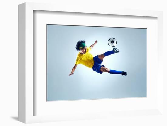 Soccer Football Kick Striker Scoring Goal with Accurate Shot for Brazil Team World Cup-warrengoldswain-Framed Photographic Print