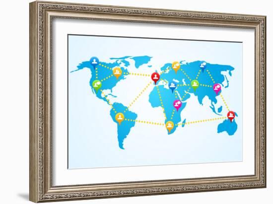 Social Connection Map with Pin Icons-ra2studio-Framed Art Print