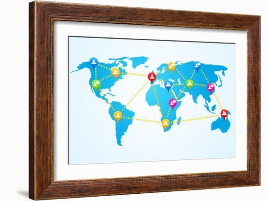 Social Connection Map with Pin Icons-ra2studio-Framed Art Print