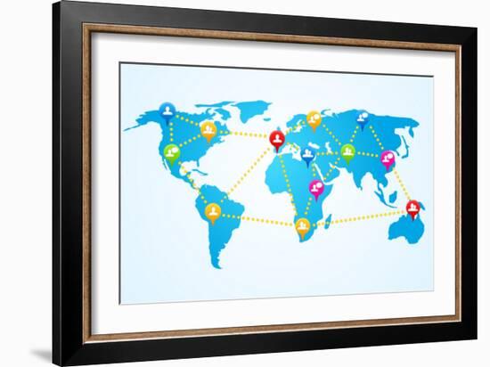 Social Connection Map with Pin Icons-ra2studio-Framed Art Print