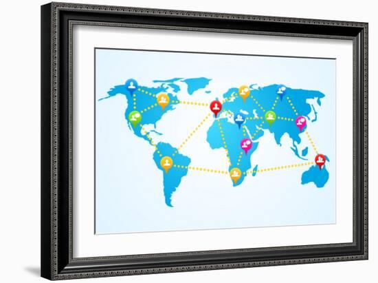 Social Connection Map with Pin Icons-ra2studio-Framed Art Print