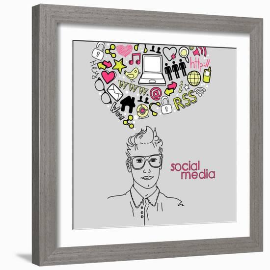 Social Network Doodles. Handsome Men With Thought Bubble-Alisa Foytik-Framed Art Print