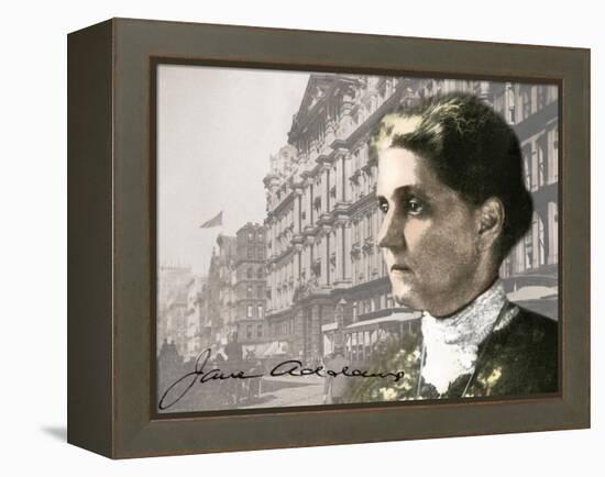 Social Reformer Jane Addams Against a Photo of Downtown Chicago in the 1890s-null-Framed Premier Image Canvas
