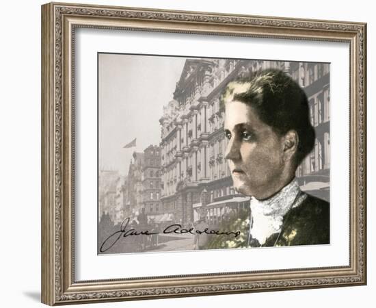 Social Reformer Jane Addams Against a Photo of Downtown Chicago in the 1890s-null-Framed Giclee Print