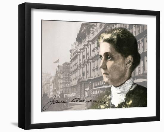 Social Reformer Jane Addams Against a Photo of Downtown Chicago in the 1890s-null-Framed Giclee Print