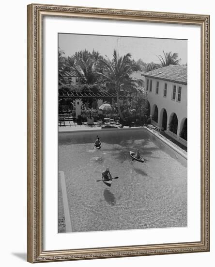 Socialite Miamians Amusing Themselves by Paddling Kayaks around in Miami Beach Surf Club Pool-null-Framed Photographic Print
