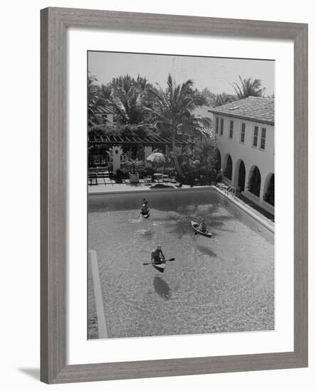 Socialite Miamians Amusing Themselves by Paddling Kayaks around in Miami Beach Surf Club Pool-null-Framed Photographic Print