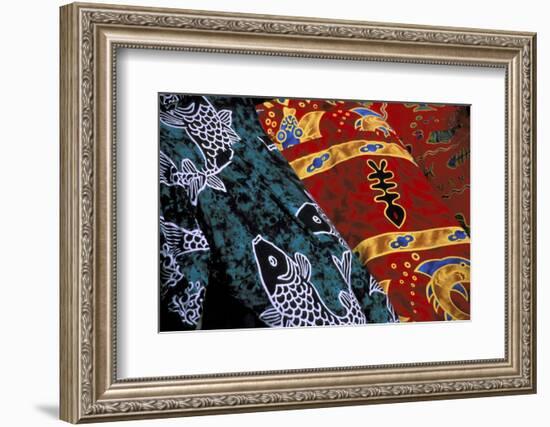 Society Islands, French Polynesia, Close-up of nautical designs on batik at a market.-Todd Gipstein-Framed Photographic Print