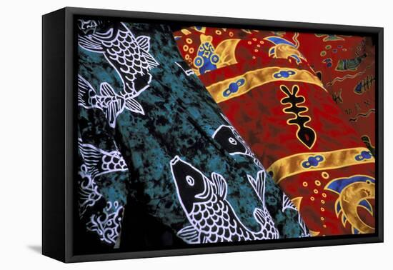 Society Islands, French Polynesia, Close-up of nautical designs on batik at a market.-Todd Gipstein-Framed Premier Image Canvas