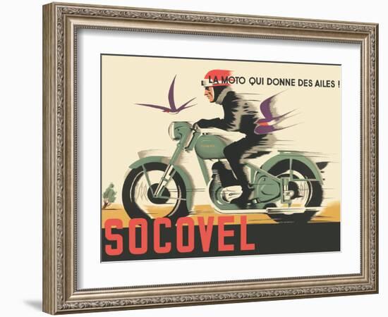 Socovel Motorcycles - The Moto Gives You Wings - Vintage Advertising Poster, 1940-Guy Georget-Framed Art Print