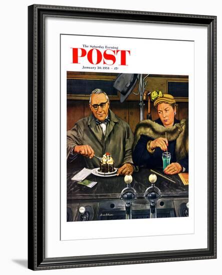 "Soda Fountain Dieter" Saturday Evening Post Cover, January 30, 1954-Stevan Dohanos-Framed Giclee Print