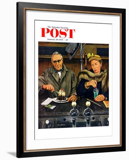 "Soda Fountain Dieter" Saturday Evening Post Cover, January 30, 1954-Stevan Dohanos-Framed Giclee Print