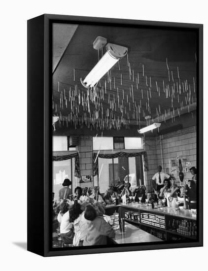 Soda Fountain Proprietor Watching as Kids Use Drinking Straw Covers as Straw Blowgun Missiles-Wallace Kirkland-Framed Premier Image Canvas