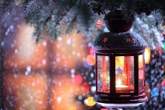 Christmas Lantern With Snowfall,Closeup-Sofiaworld-Framed Art Print