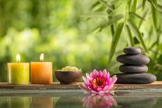 Spa Still Life with Burning Candles,Zen Stone and Bamboo Mat Reflected in a Serenity Pool-Sofiaworld-Framed Photographic Print