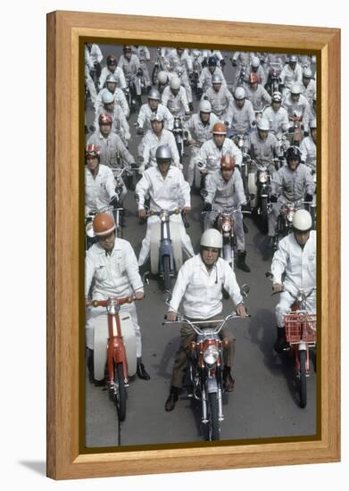 Soichiro Honda, Founder of Honda Corporation, Riding Motorcycles with Workers, Tokyo, Japan, 1967-Takeyoshi Tanuma-Framed Premier Image Canvas