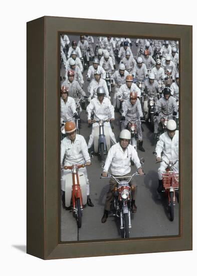 Soichiro Honda, Founder of Honda Corporation, Riding Motorcycles with Workers, Tokyo, Japan, 1967-Takeyoshi Tanuma-Framed Premier Image Canvas