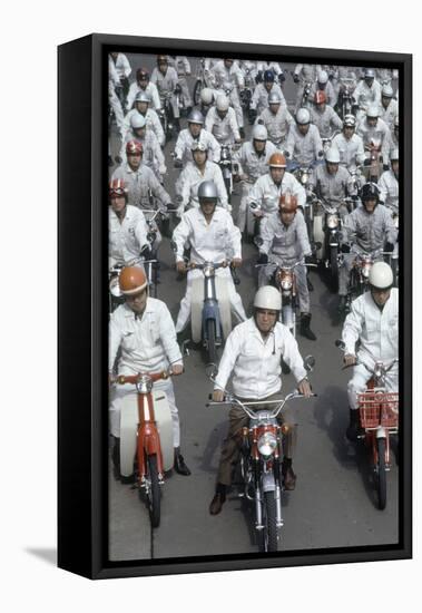 Soichiro Honda, Founder of Honda Corporation, Riding Motorcycles with Workers, Tokyo, Japan, 1967-Takeyoshi Tanuma-Framed Premier Image Canvas