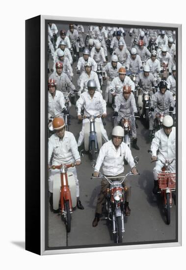 Soichiro Honda, Founder of Honda Corporation, Riding Motorcycles with Workers, Tokyo, Japan, 1967-Takeyoshi Tanuma-Framed Premier Image Canvas