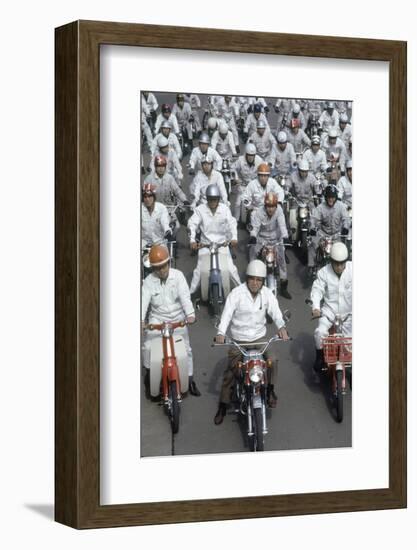 Soichiro Honda, Founder of Honda Corporation, Riding Motorcycles with Workers, Tokyo, Japan, 1967-Takeyoshi Tanuma-Framed Photographic Print