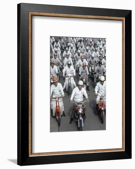 Soichiro Honda, Founder of Honda Corporation, Riding Motorcycles with Workers, Tokyo, Japan, 1967-Takeyoshi Tanuma-Framed Photographic Print