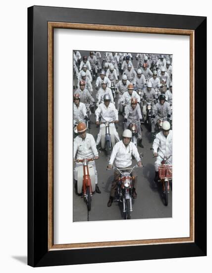 Soichiro Honda, Founder of Honda Corporation, Riding Motorcycles with Workers, Tokyo, Japan, 1967-Takeyoshi Tanuma-Framed Photographic Print