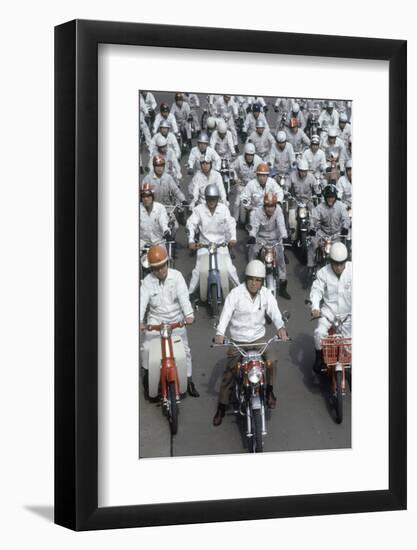 Soichiro Honda, Founder of Honda Corporation, Riding Motorcycles with Workers, Tokyo, Japan, 1967-Takeyoshi Tanuma-Framed Photographic Print