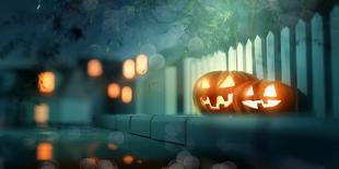 Halloween Jack O Lantern Pumpkins at Night-solarseven-Photographic Print