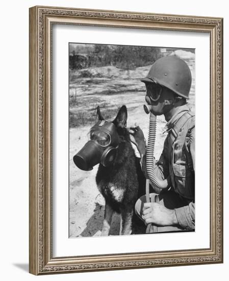 Soldier and German Shepard Wearing Gas Masks for Chemical Warfare Maneuvers-Andreas Feininger-Framed Photographic Print