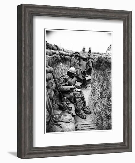 Soldier Eating in a Trench in the Champagne Region, 1916-Jacques Moreau-Framed Photographic Print