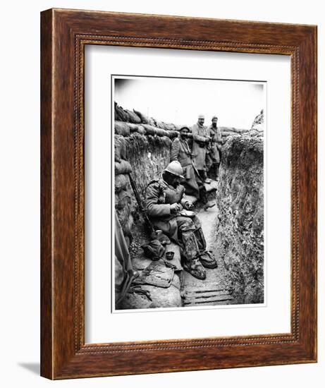 Soldier Eating in a Trench in the Champagne Region, 1916-Jacques Moreau-Framed Photographic Print