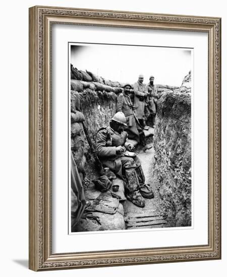 Soldier Eating in a Trench in the Champagne Region, 1916-Jacques Moreau-Framed Photographic Print