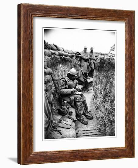 Soldier Eating in a Trench in the Champagne Region, 1916-Jacques Moreau-Framed Photographic Print