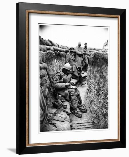 Soldier Eating in a Trench in the Champagne Region, 1916-Jacques Moreau-Framed Photographic Print