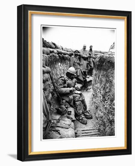 Soldier Eating in a Trench in the Champagne Region, 1916-Jacques Moreau-Framed Photographic Print