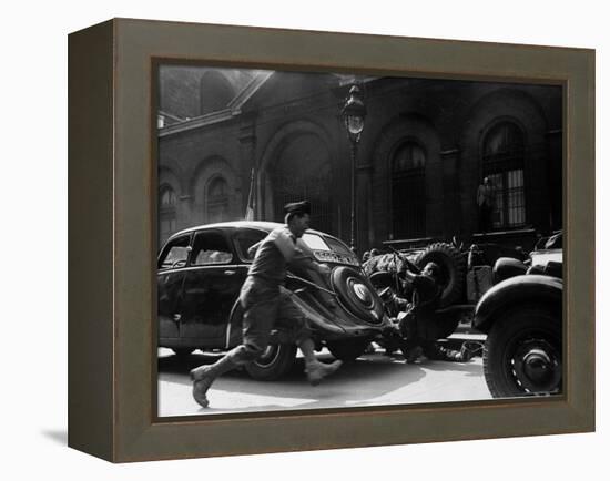 Soldier of Le Clerc's Free French Troops Dashes to Aid French Resistance Fighter-Ralph Morse-Framed Premier Image Canvas