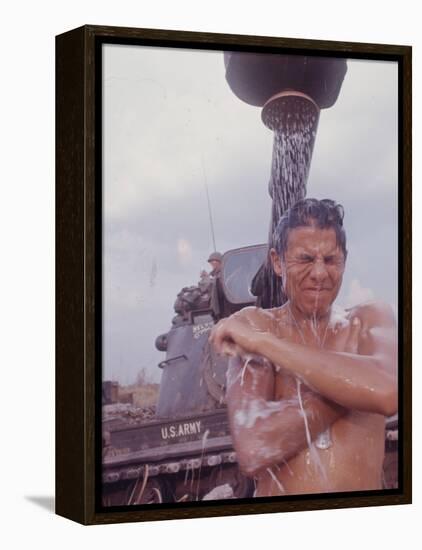 Soldier of the 11th Armored Regiment in Vietnam Taking a Shower-Co Rentmeester-Framed Premier Image Canvas